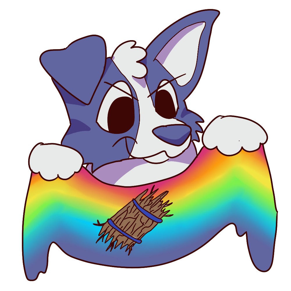  a blue dog holds a rainbow gradient flag with a bundle of sticks and looks mischievous.